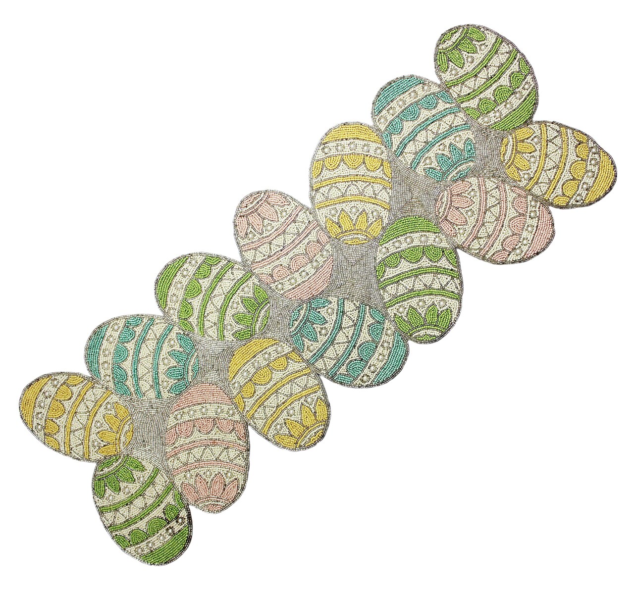 Happy Hunting Handmade Beaded Table Runner - Spring Easter Eggs Bunny Rabbit - Luncheon Dinner Celebration Festive Party Tabletop Décor Tablerunner - 13x36 - Aqua Multi